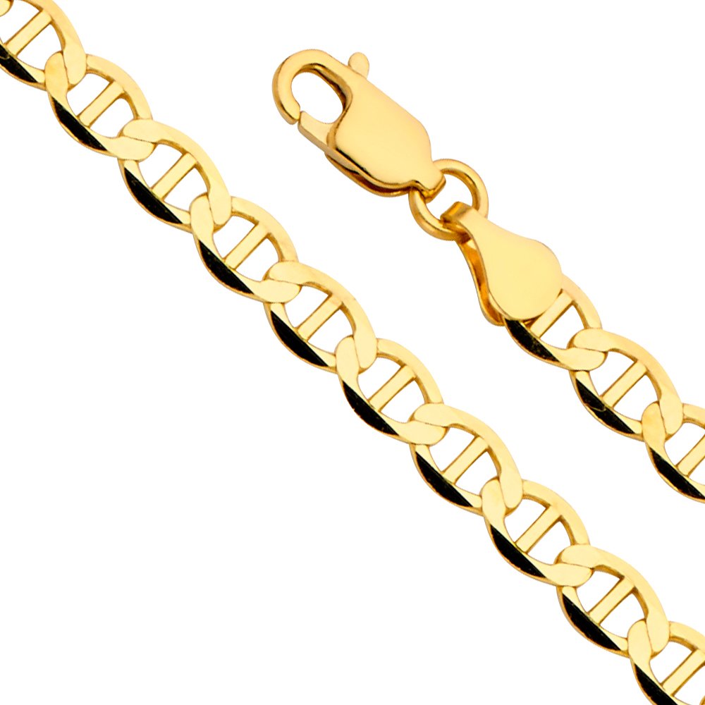 14k REAL Yellow Gold Solid Men's 7.5mm Flat Mariner Chain Necklace with Lobster Claw Clasp