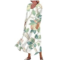 Womens Summer Casual Dresses Boho Floral Round Neck 3/4 Sleeve Beach Maxi Dress Sundress with Pockets