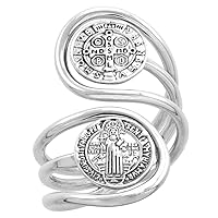 Sterling Silver St Benedict Ring for Women Wire Wrapped 2 Medals Bypass Handmade 1 1/4 inch long, sizes 6-10
