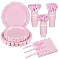 175 Pcs Pink Paper Plates and Napkins, 25 Guest Light Pink Party Supplies Include Pink Scalloped Plates Paper Napkins Cups Plastic Spoons Forks Knives for Baby Shower, Wedding, Birthday