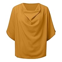 Chiffon Blouses for Women Dressy Casual Loose Draped Cowl Neck Short Sleeve Tops Elegant Solid Color Work Shirts