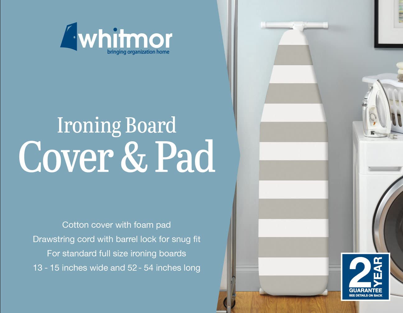 Whitmor Ironing Board Cover with Pad, Paloma Gray Stripe, Cotton, 54