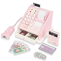 Wooden Pretend Play Calculator Cash Register, Kids Cash Register Play Money for Kids, Toys for Toddler Ages 3+ Develops Early Math Learning Skill