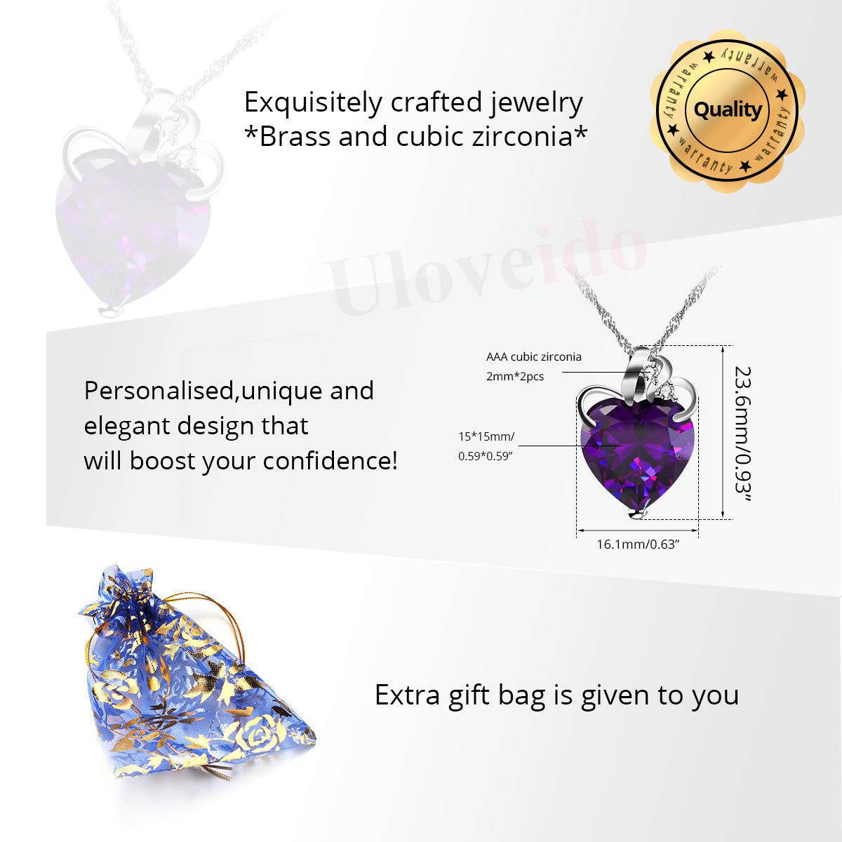 Uloveido Fashion Love Heart Crystal Pendant Valentines Birthday Necklace Silver Color N437