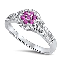 Simulated Ruby Flower Cluster Halo Wedding Ring New 925 Sterling Silver Band Sizes 5-10