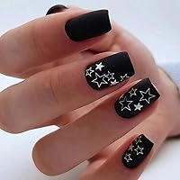 Square Press on Nails Medium Black Matte Star Fake Nails Luxury Coffin Press on Nails with Glue Shiny Stars Glossy False Nails Solid Black Color Natural Acrylic Nails for Women Girls Nail Decoration