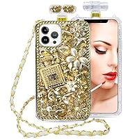 for iPhone 14 Pro Max Bling Case for Women Girls Cute Luxury 3D Glitter Diamond Crystal Rhinestone Sparkle Gemstone Perfume Bottle Flower Cover Soft TPU Bumper (Gold, for iPhone 14 Pro Max)