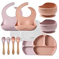 Baby Feeding Essentials Silicone Ange Smile 12 Set Bib, Baby Bowl, Suction Plate, Spoon, Fork Eating Utensils for 6+ Months Kids Toddler Kawaii Pink Peach