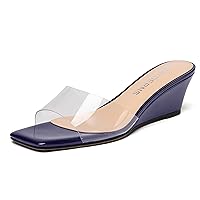 WAYDERNS Women's Pvc Clear Solid Sexy Square Toe Slip On Party Wedge Low Heel Heeled Sandals 2 Inch