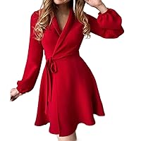 Pinafore Dress for Women,Women's Casual Vintage Prom Dress Long Sleeve Solid Color Lapel V Neck Wrap Elegant Pa