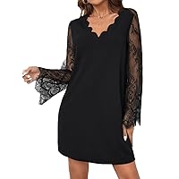 Womens Fall Fashion 2022 Contrast Lace Scallop Trim Tunic Dress (Color : Black, Size : Medium)