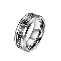 Tungsten Rings For Men, Bands Ring Inlaid with Carbon Fiber Runes Beveled Edges for Men