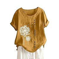 Linen Tops for Women Button Cotton Short Sleeve Round Neck Vintage and Hemp Solid T-Shirt Top