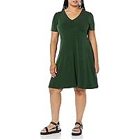 Amazon Essentials Women's Short Sleeve V-Neck Gathered Fit and Flare Dress