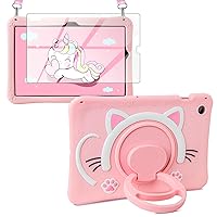 for Samsung Galaxy Tab A8 10.5 Case 2022 (SM-X200/X205/X207) with Screen Protector 360° Rotating Handle Stand Adjustable Strap Cute Cat Silicone Protective Tablet Cover for Kids Girls Pink