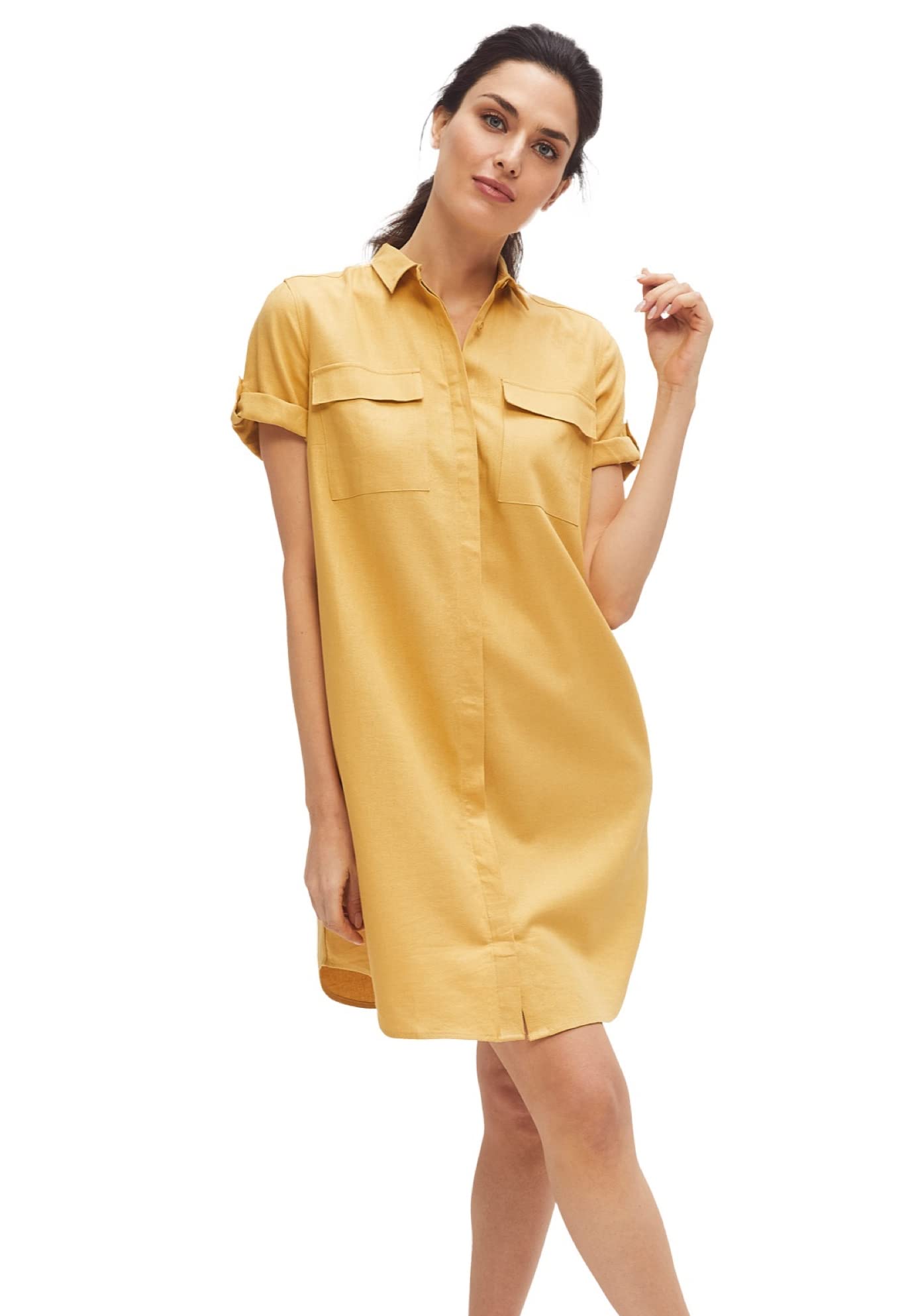 ellos Women's Plus Size Button Front Linen Shirtdress Dress