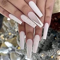 Foccna Coffin Press on Crystal Nails White Long Fakes Nails Rhinestone Women's Bling Acrylic False Nails- Matte Full Cover Long Nails Art Manicure Decoration