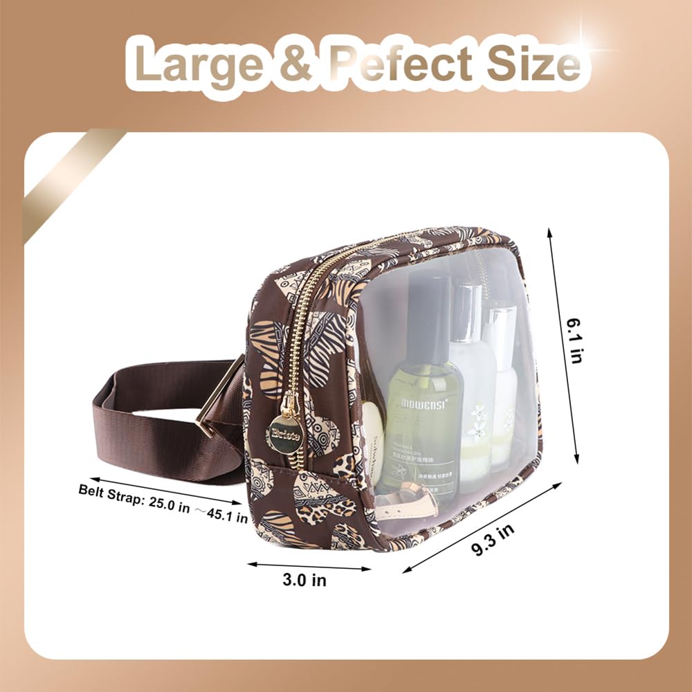 Bricte Large Clear Waist Pack Transparent Fashion TPU and Nylon Belt Pack Women Crossbody Bags (Brown-Heart, Large)
