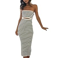 Multitrust Sexy Women Strapless Tube Long Dresses Off The Shoulder Cut Out Knit Midi Dress Bodycon Party Beach Sundresses