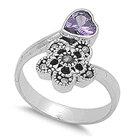 Simulated Amethyst Heart Flower Love Cute Ring New .925 Sterling Silver Band Sizes 5-9