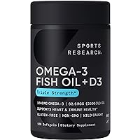 Sports Research Triple Strength 1040mg Omega-3 from Wild Alaska Pollock with Vitamin D3 2500iu | 2-in-1 Vitamin D & Omega DHA Fish Oil Supplement Supporting Heart Health - 120 Softgels