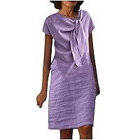 Women's Cotton Linen Mini Dress Tie Knot Neck Short Sleeve Casual Loose Fit Shirt Dresses Summer Beach Knee Length Dress
