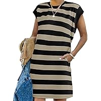 AlvaQ Womens Striped Summer Dresses 2024 Crewneck Cap Sleeve Color Block Casual A Line Tshirt Dress with Pockets