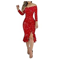 Formal Dresses for Women 2023 Trendy Casual Sexy One-Line Neck Ruffle Slit Sequin Dress New Years Eve Dress