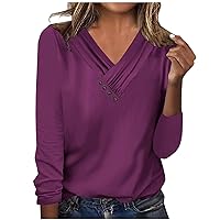 Womens Autumn Tops 2023 Sexy Casual V Neck Button Up Pleated Tee Shirts Trendy Long Sleeve Tunic Tops Dressy Blouses