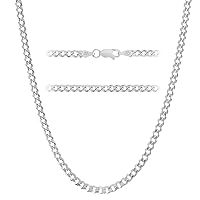 KISPER Italian Solid 925 Sterling Silver Diamond Cut 3.5mm Flat Curb Cuban Link Chain Necklace - for Women & Men with Lobster Clasp - Made in Italy
