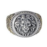 Two Tone 925 Sterling Silver Vine Embossed Animal Lion Head Ring for Men Boys Open Adjustable