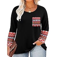 RITERA Women's Plus Size Tops 5X Patchwork Long Sleeves Basic T-Shirts for Christmas Crewneck Tunic with Pocket Fall Winter Casual Sweatshirts Cute Blouse Pullover 5XL 26W 28W