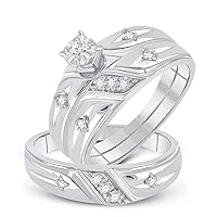 His and Hers Bridal Womens and Mens Engagment and Wedding Band Complete Trio Matching Wedding Rings Set 925 Sterling Silver Round Diamond Cross 1/5 Cttw