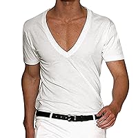 Mens V Neck Athletic Bodybuilding T Shirts Slim Fitted Stretch Muscle Tee Shirts Short Sleeve Low Cut Summer Casual Shirts