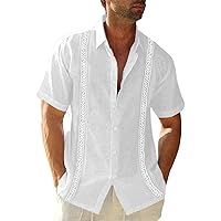 Mens Short Sleeve Guayabera Shirt Linen Cotton Cuban Shirt Button Down Summer Beach Tops