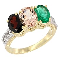 10K Yellow Gold Natural Garnet, Morganite & Emerald Ring 3-Stone Oval 7x5 mm Diamond Accent, Sizes 5-10