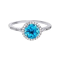 Sterling Silver White 7mm Round Swiss Blue Topaz & Created White Sapphire Halo Ring