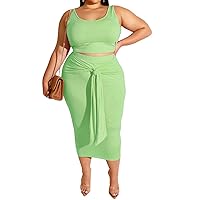IyMoo Womens Sexy Plus Size 2 Piece Midi Dress Outfits - Sleeveless Tie Dye Print Tank Crop Top Bodycon Skirts Set