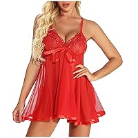Women's Sexy Lingerie Sheer Mesh Strappy Chemise Lace Bow V Neck Nighty Plus Size Nightgown Sleepwear Nightdress