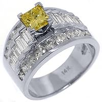 14k White Gold 4.08 Carats Princess Yellow Diamond & Baguette Engagement Ring