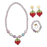 5pcs Kids Girls Imitation Pearl Jewelry Set Necklace Flower Strawberry Finger Ring Earrings Bracelet Pink Beads