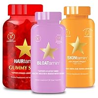 HAIRtamin Yummy Renew Vegan Gummy Stars Hair Vitamins | SKINtamin Supplements to Help Reduce Blemishes | BLOATamin Vegan Bloatin Relief Supplements