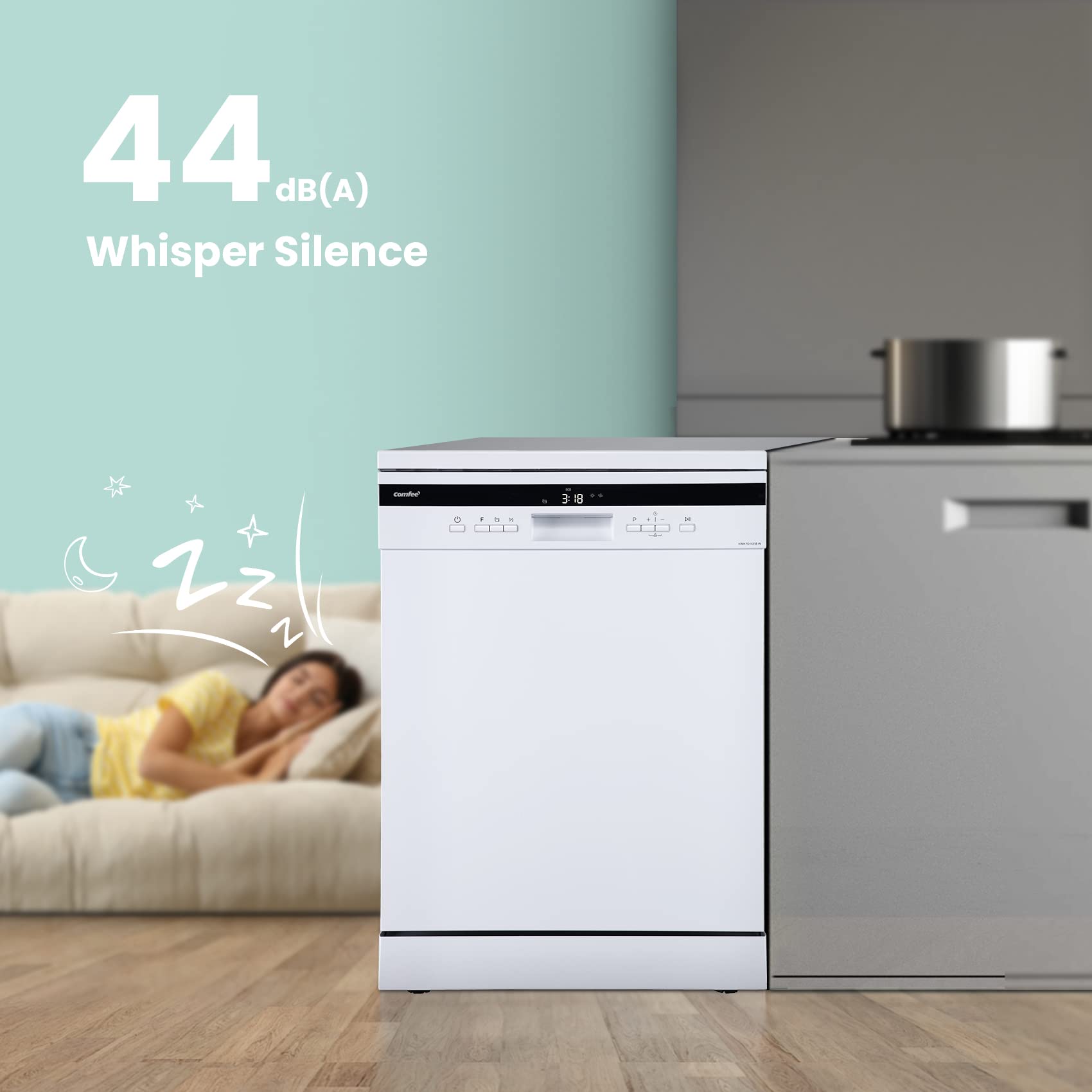COMFEE' Freestanding Dishwasher FD1435E-W with 14 place settings, Full Size, 44dB, Wide LED Display, Delay Start, Half Load Function, Flexible Racks, White (KWH-FD1435E-W)