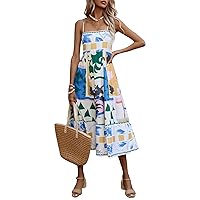 Women Summer Casual A-line Dress Print Spaghetti Strap Backless Midi Dress Fashion Sleeveless Cami Dress