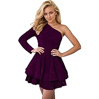 Fair Lady One Shoulder Homecoming Dress Short Sparkly Sequin Long Sleeve Layered Cocktail Gowns for Teens