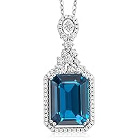Emerald Cut London Blue Topaz & Simulated Diamond 14k White Gold Plated 925 Sterling Silver Pendant Necklace for Her