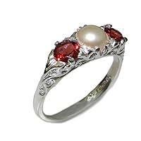 925 Sterling Silver Cultured Pearl and Garnet Womens Band Ring