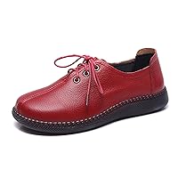 Women's Genuine Leather Lace-Up Flat Oxfords,Classic Round Toe Handmade Beef Tendon Soft Sole Business Formal Dress Driving Shoes Casual Comfortable Non-Slip Mom Walking Shoes