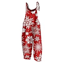 Christmas Party Overalls for Womens Snowflake Printed Rompers Spaghetti strap Jumpsuits Loose Winter Overall Pants