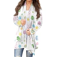 Womens Easter Cardigan,Women's Round Neck Easter Egg and Bunny Printed Jacket Long Sleeve Fashion Cardigan